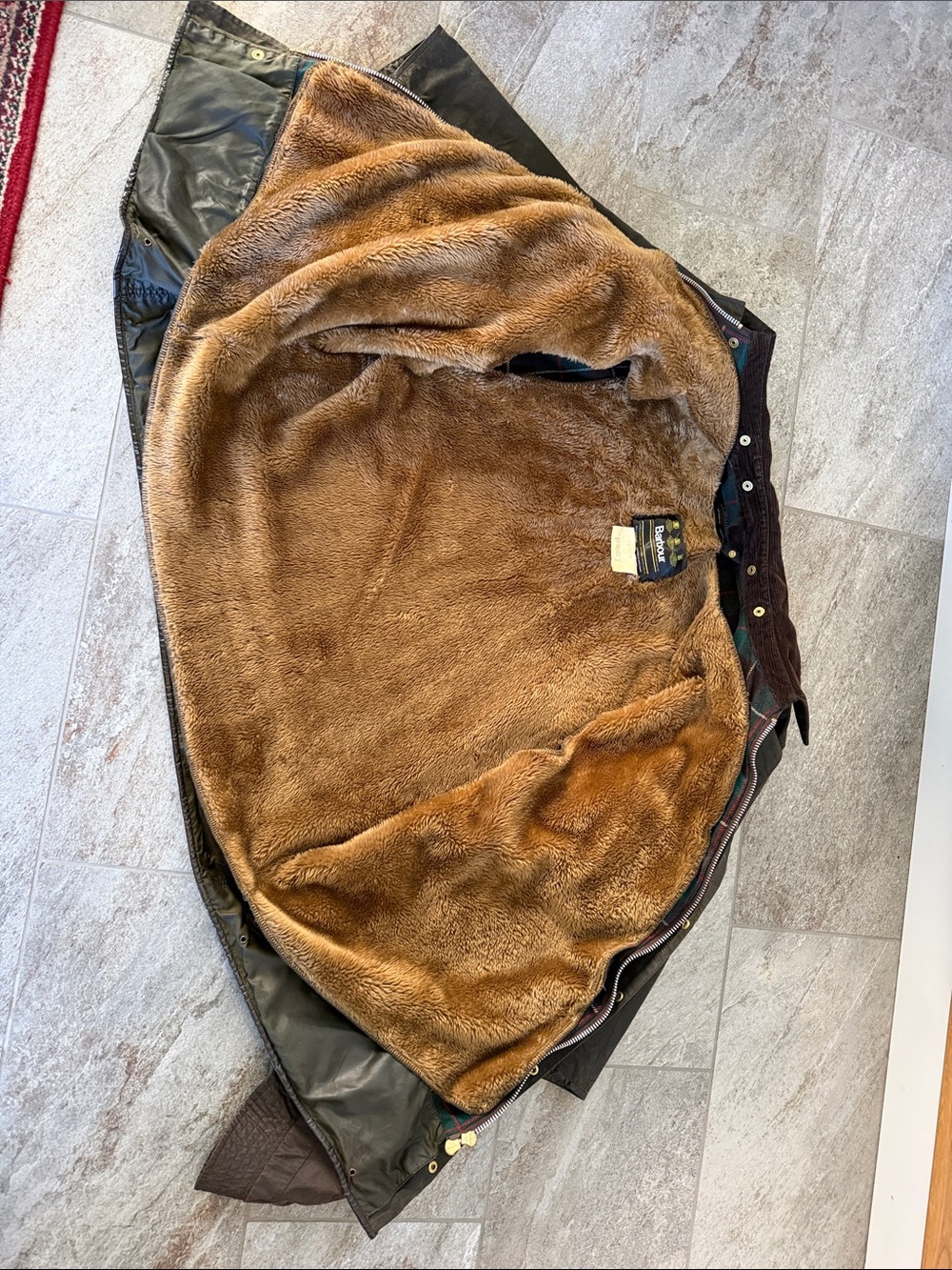 Barbour Dark Olive Waxed Cotton Field Jacket with Brown Cord Collar and Hat - Picture 2 of 16